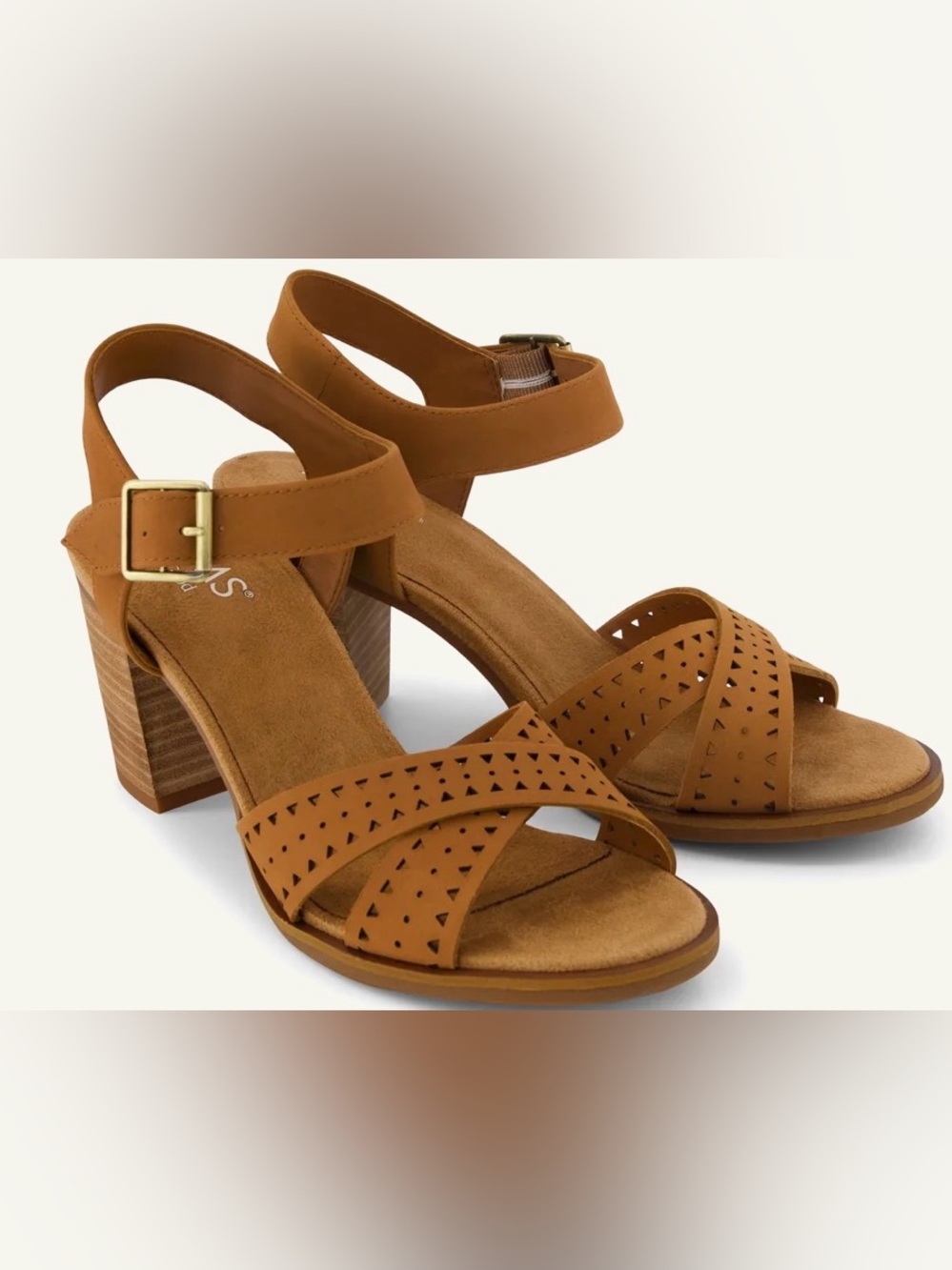 Toms Cognac Tan Laser-Cut Block Heeled Sandal Majorca Strappy